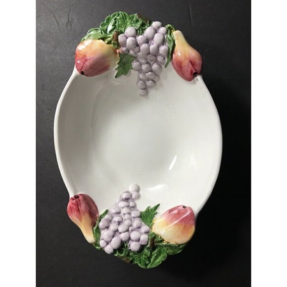 Unbranded Other - Fruit Design Serving Bowl Made In Italy Pottery Ceramic White 3D Grapes Pears